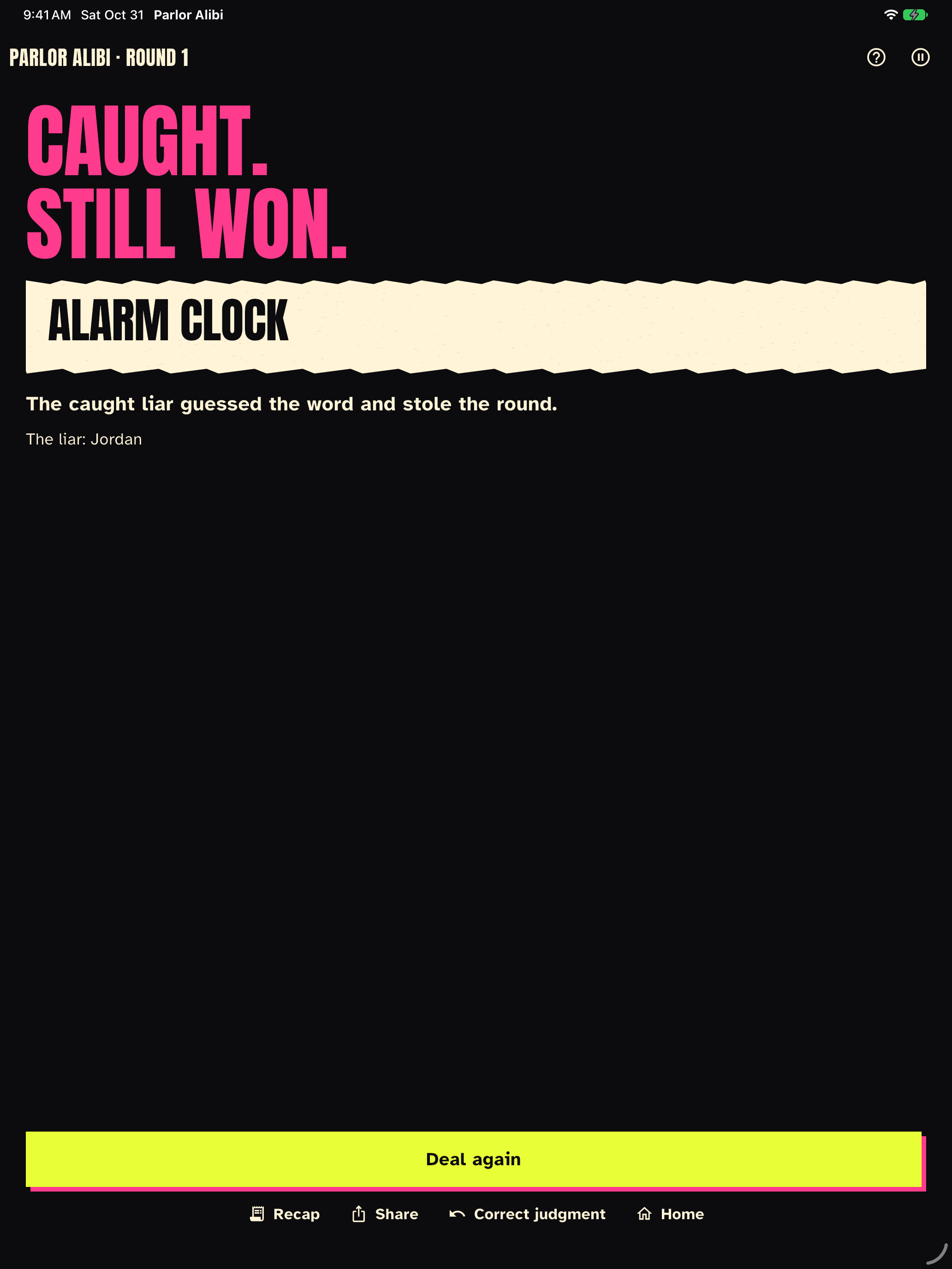 Round result: the caught liar guessed Alarm Clock and won.