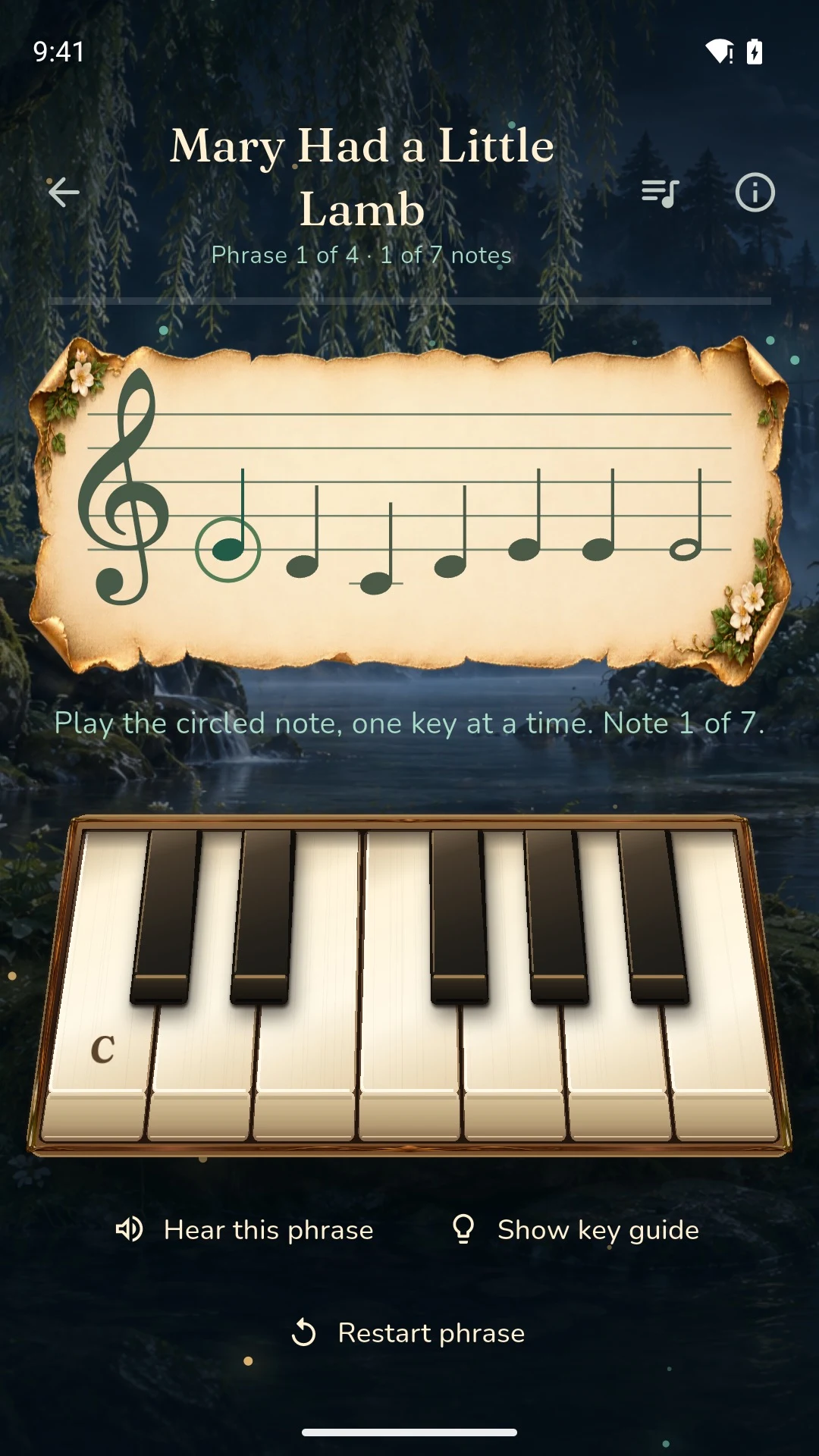 Mary Had a Little Lamb practice screen with a circled staff note, virtual piano, and phrase and key guides.