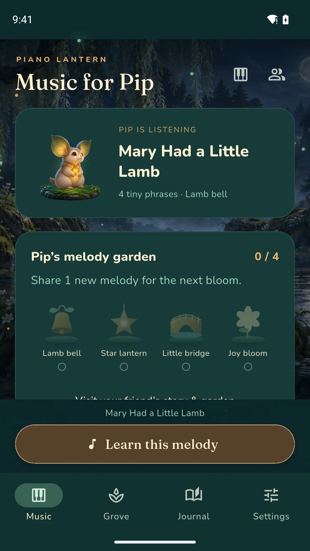 Music for Pip screen showing Mary Had a Little Lamb and Pip’s melody garden with four keepsakes to collect.