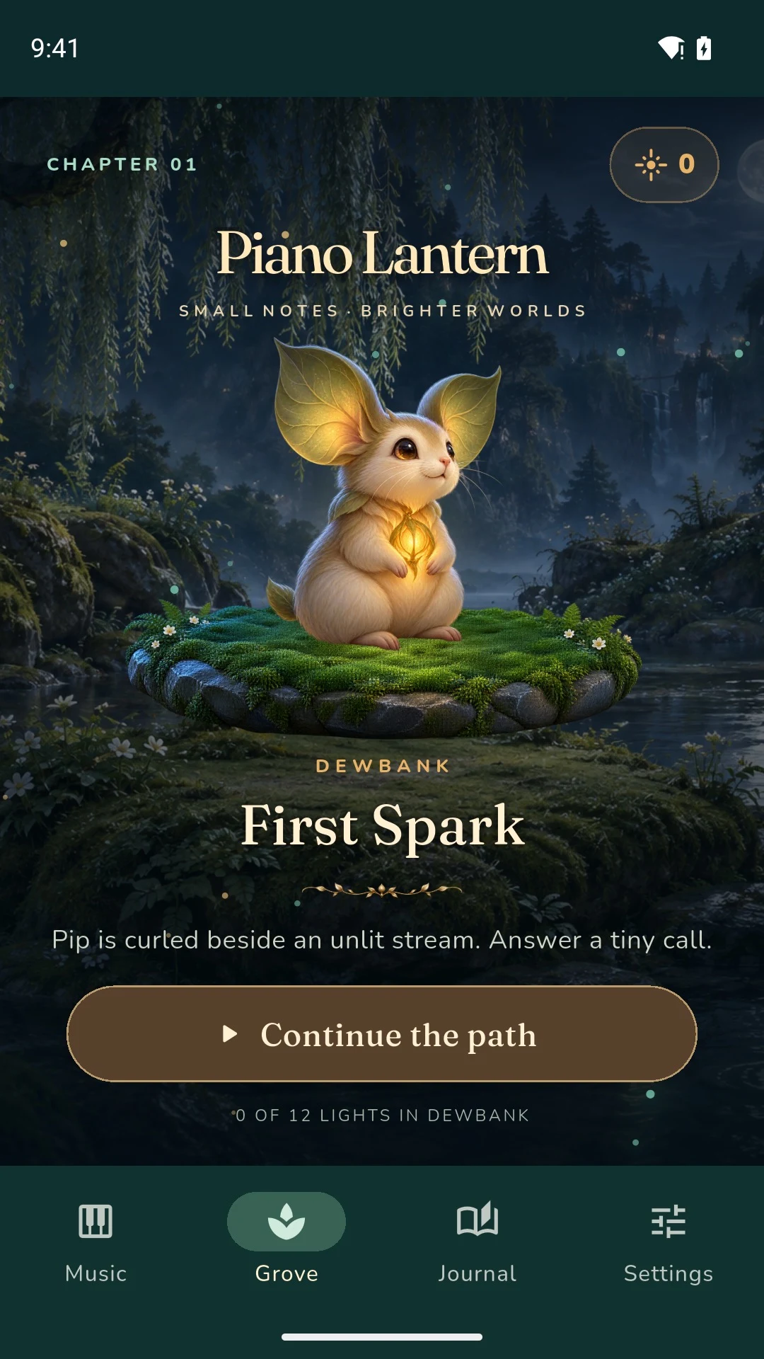 The First Spark chapter in Dewbank, with Pip on a mossy island and a Continue the path button.
